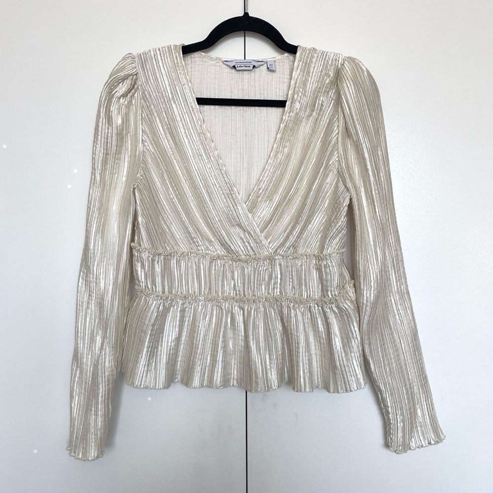 & Other Stories | Pearly white plisse pleated shiny ruffle wrap blouse | Size 12